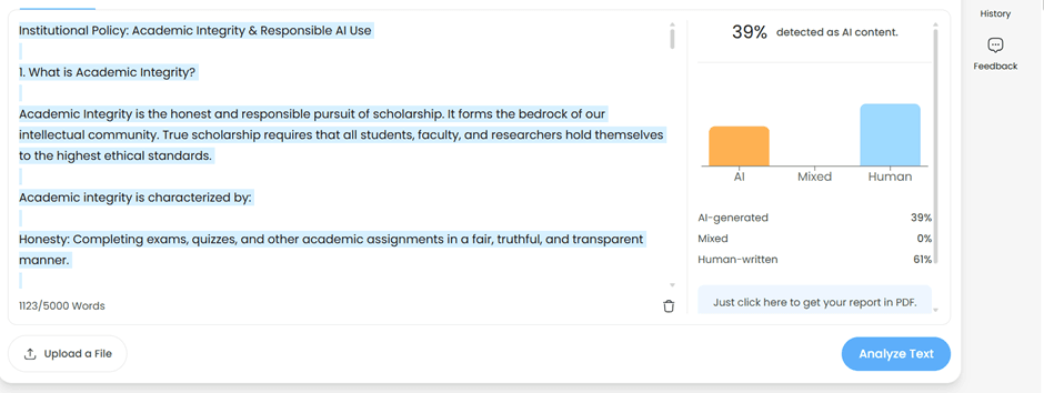 AI content detection analysis for the academic integrity policy